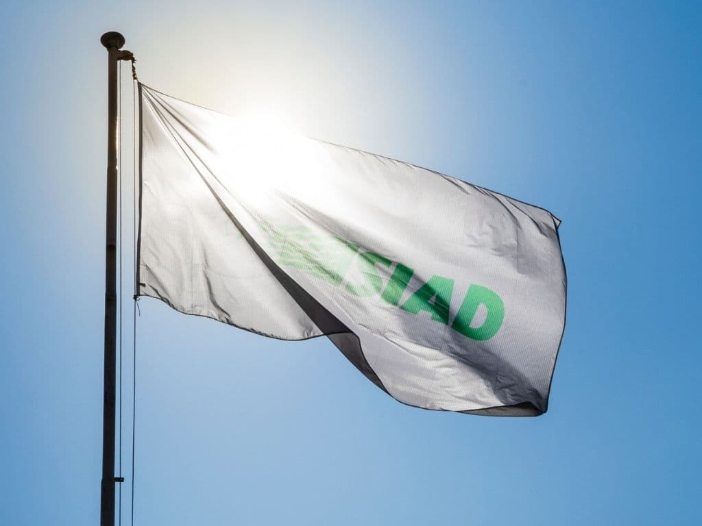 White flag with green SIAD logo waving against a clear blue sky
